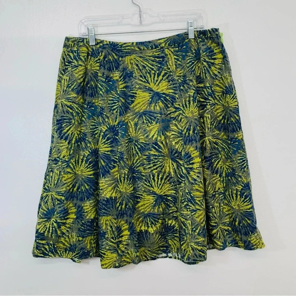 Coldwater‎ Creek Skirt 14 Linen Blend Flowy Blue Yellow Lined Knee Length Office